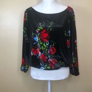 FREE PEOPLE Black Velvet Bodysuit Floral Rose Designs & Low Back Out NEW